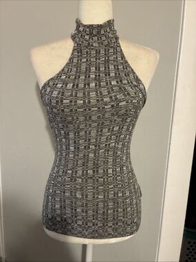 Bebe Y2k Black White Knit Mock Neck Stretch Tank Top Xxs
